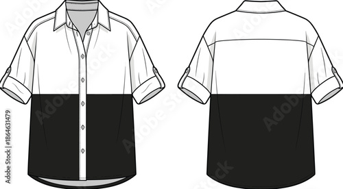 Technical flat sketch of short-sleeve button shirt, color-block design, fashion illustration, garment template, front and back view