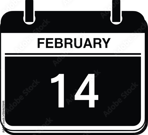 February 14 calendar icon, Valentine’s Day date marker, romantic holiday symbol, bold black design, flat vector illustration, festive artwork