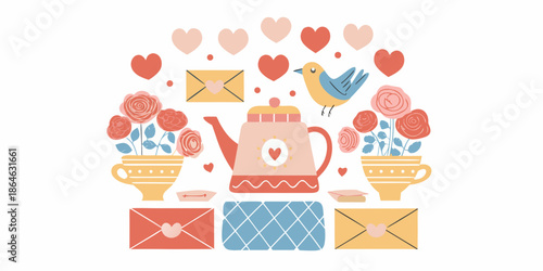 A charming valentine s illustration featuring hearts a teapot and love letters