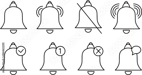 Notification bell icon set in outline style with ringing, mute, alert, message and badge variation. UI interface symbol for mobile app and web notification system. Vector illustration.