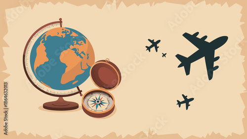 Global travel illustration with globe, compass, and airplanes, exploration concept