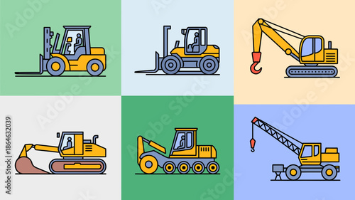 Heavy construction machinery vector icons set, industrial equipment vehicles