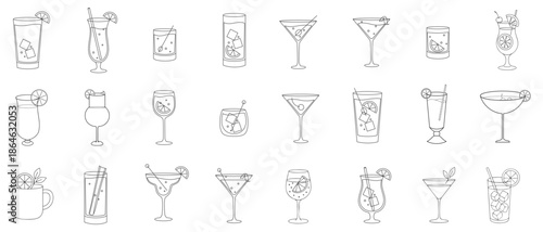 Alcoholic cocktail icon set. Simple minimalist outline cocktail icons on white background. Set includes mojito, whiskey and mixed drinks. Icons set for restaurant, bar and pub. Vector illustration
