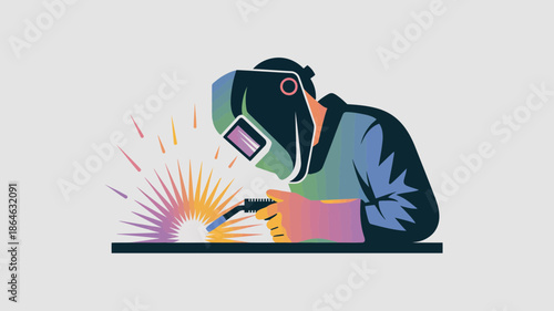 Skilled worker welding metal, wearing protective mask, sparks flying brightly