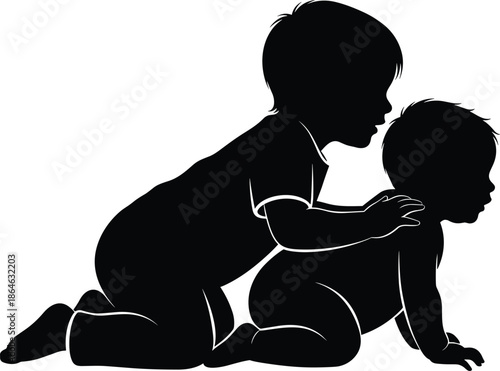 Baby silhouette crawling scene, cute toddlers playing together, sibling interaction concept, childhood development illustration, black vector art, innocen