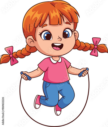 Cartoon girl with orange braids jumping rope, playful pose, transparent background, childhood activity and exercise illustration