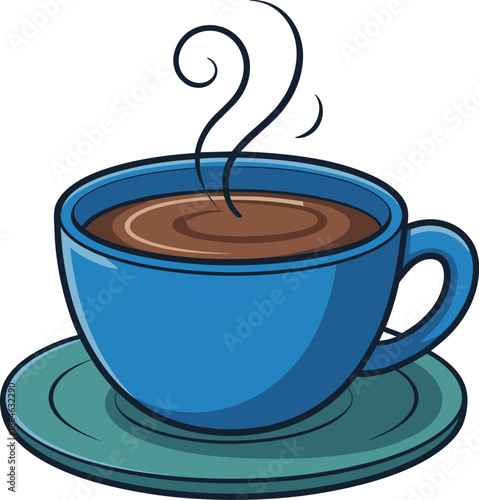 Cartoon blue cup contains hot coffee sitting on a teal saucer beautifully vector on white background.
