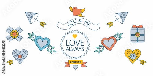 Colorful love themed illustrations featuring hearts arrows and romantic phrases