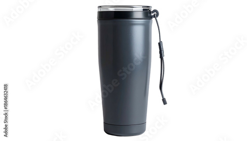 A tall, cylindrical, dark-gray insulated travel mug with a black lid and a small strap. It stands upright against a black background