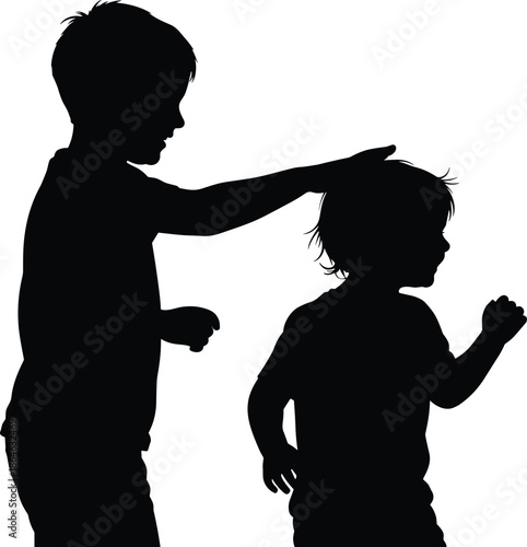 Children silhouette playful interaction, happy kids running together, childhood fun moment, brother sister bonding concept, black vector illustration, joyful activity scene isolated background