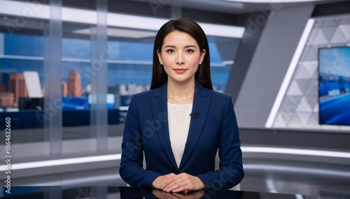 Professional Asian female news anchor sitting at a desk in a modern TV studio. Television journalist reporting live on air