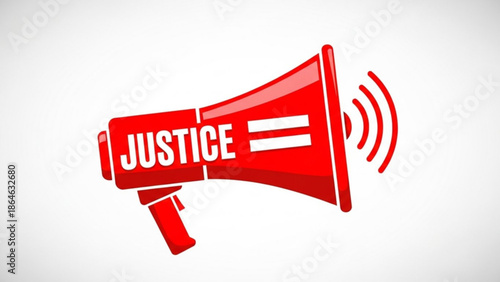 A red megaphone with the word justice and an equal sign on a white background, symbolizing advocacy and equality with human rights and social issue