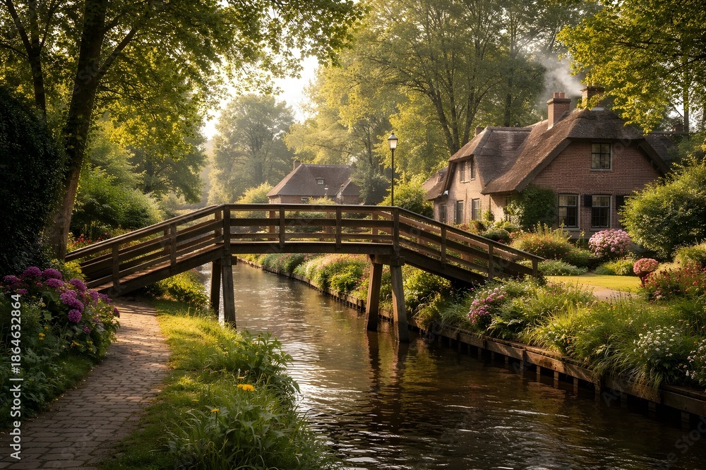 Fototapeta premium Charming dutch cottage with a wooden bridge over a canal