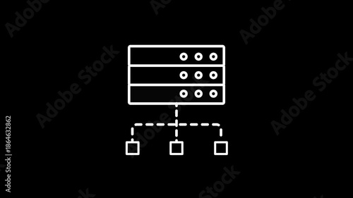 Server rack with connected devices icon in white outline on black background Keywords: server, rack, computer, network, data, storage, technology, connection, system, database, hardware