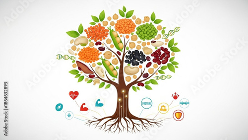 A tree with various fruits and vegetables on its branches and roots, representing healthy eating and nutrition, with icons of protein, vitamins, and minerals connected
