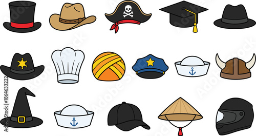 Cartoon hat and headwear icon set with costume, profession, fantasy, party, and vintage flat vector designs