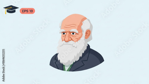 An illustration of a senior man with a white beard and balding head wearing a dark suit and green tie, graduation cap and eps 10 vector graphic