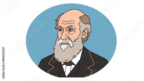 Illustration of an elderly man with a white beard and mustache wearing a black suit and bow tie on a blue background with cartoon and character