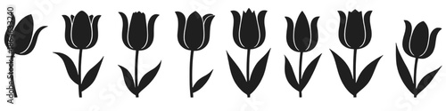 Minimalist black silhouette illustration of repeating tulip flowers arranged in a horizontal floral pattern. Perfect for spring designs, decorative borders, backgrounds, wallpapers, and elegant.