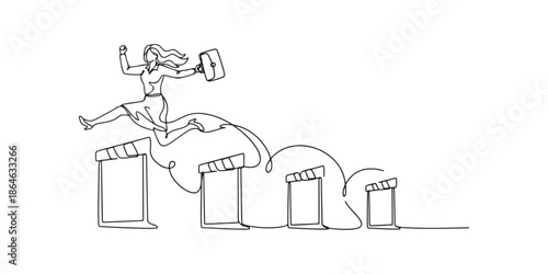 Minimalist continuous line art illustration of a businesswoman jumping over hurdles. Concept of overcoming obstacles, business challenges, success, and career achievement.