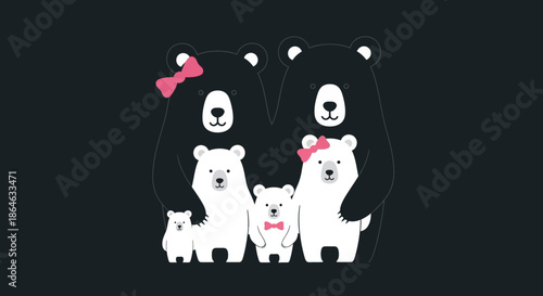 A heartwarming illustration depicts a loving bear family, including two large parent bears and three smaller cubs, all rendered in a charming cartoon style with a dark background