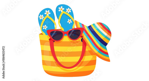 A vibrant beach bag filled with colorful striped hat, blue flipflops with white flowers, and stylish red sunglasses, ready for a summer vacation