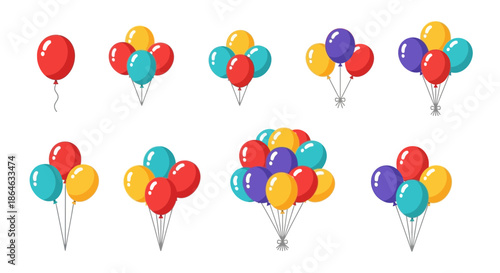 A vibrant collection of colorful balloons in various arrangements, isolated on a clean white background, perfect for festive celebrations and party decorations
