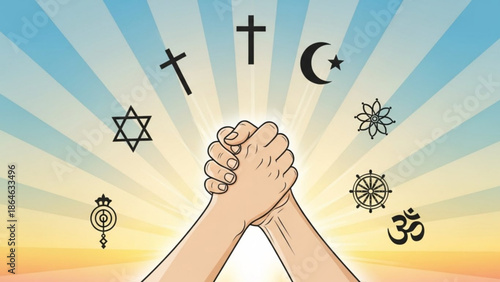 Diverse religious symbols and hands clasped in unity against a vibrant sunburst background representing harmony and togetherness among different faiths and cultures