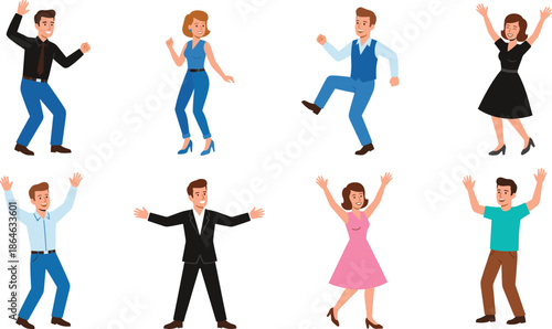 Happy people dancing illustration set, men and women joyful poses, celebration party concept, colorful flat vector characters