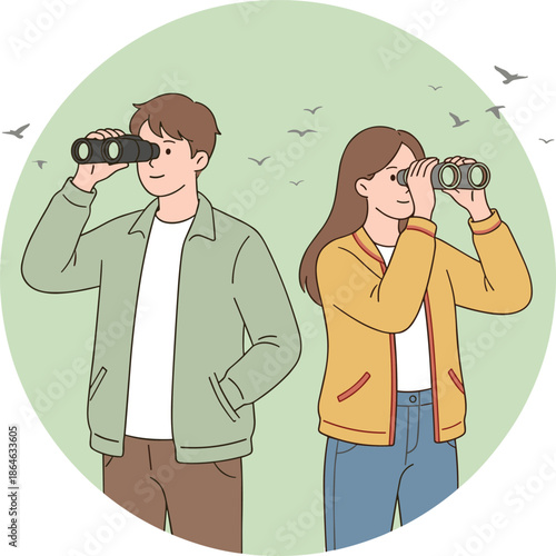 Birdwatching activity with binoculars, observing flying birds, nature exploration scene, wildlife appreciation, outdoor hobby, flat vector illustration