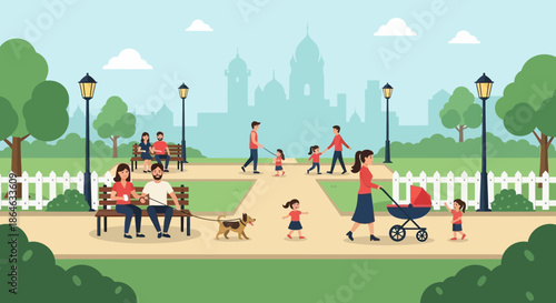 A lively park scene unfolds with families enjoying a sunny day, featuring people walking dogs, pushing strollers, and relaxing on benches amidst lush trees and a cityscape in the background