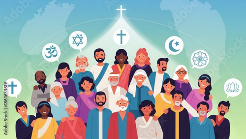 Diverse group of people from different cultures and religions standing together in unity and harmony with various religious symbols around them