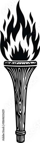 Burning torch silhouette, flame vector icon, symbolic fire illustration, freedom and enlightenment theme, flat vector illustration, black artwork