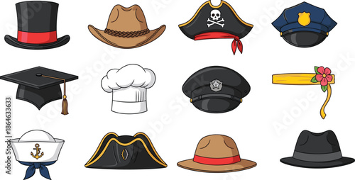 Hat and headwear illustration set with vintage, professional, costume, and uniform hats, colorful flat vector icons