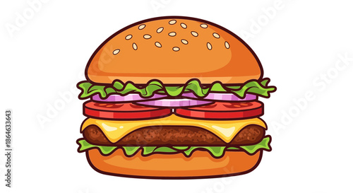 A delicious and juicy hamburger with fresh lettuce, ripe tomatoes, red onions, and melted cheese, all nestled between a soft sesame seed bun