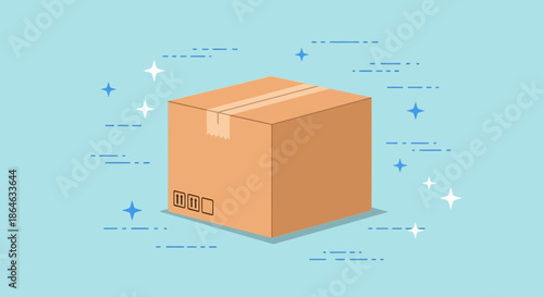 A brown cardboard box with tape, symbolizing delivery and shipping, floats against a light blue background with sparkling stars and dashed lines