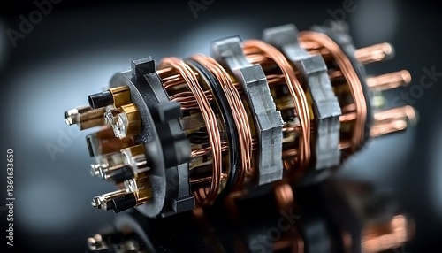 Close up of electric motor stator with wound copper coils and armature details