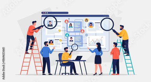 A diverse team of professionals collaborates around a large computer screen, using magnifying glasses and ladders to analyze candidate profiles and data for recruitment and business strategy