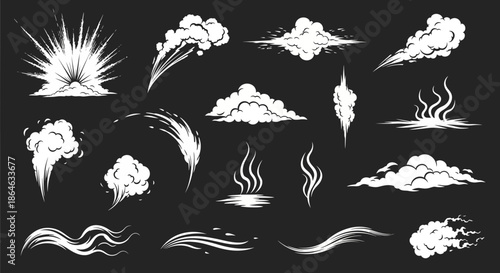 A collection of white stylized smoke, steam, and explosion effects on a black background, featuring various shapes and movements