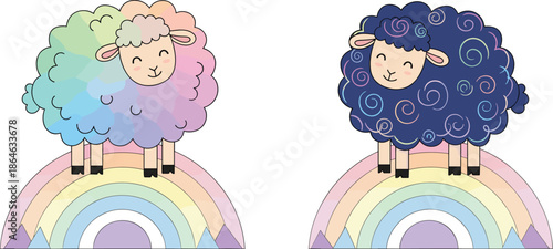 Cartoon sheep on pastel rainbow, colorful wool characters, cute animal design, children’s artwork, flat vector illustration, playful theme