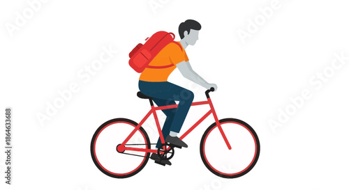 A man wearing an orange shirt and blue jeans rides a red bicycle with a red backpack, isolated on a white background