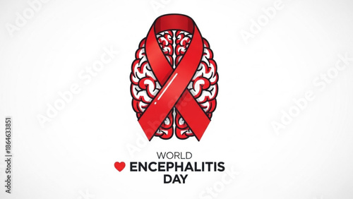 World encephalitis day awareness red ribbon brain illustration, encephalitis education symbol, brain health campaign icon, medical awareness concept
