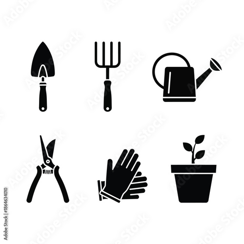 Gardening tools and plant in pot icons Vector, illustration