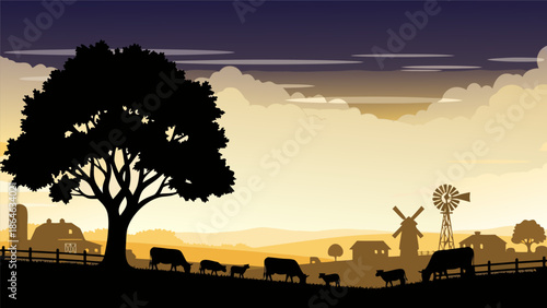 Peaceful countryside vector illustration with grazing cows and a windmill at sunset, serene rural landscape