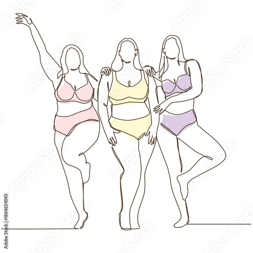 Three busty women pose in lingerie one line drawing. Three busty women pose in lingerie single line illustration. Three busty women pose in lingerie minimalist line art