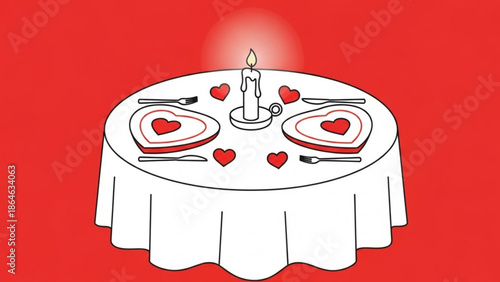 A romantic dinner setup for two with heart shaped plates and candlelight on a red background for valentine's day or anniversary celebration with valentine s day