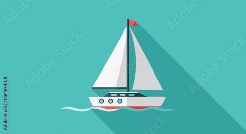 A sleek white sailboat with a red flag on its mast glides gracefully across the turquoise water, casting a long shadow