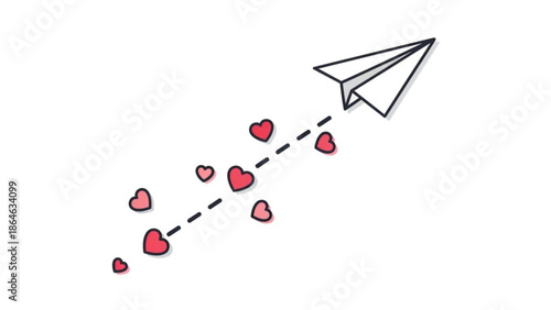 A paper airplane flies through the air leaving a trail of red hearts with love and romance and affection and flight and symbol and emotion and sentiment