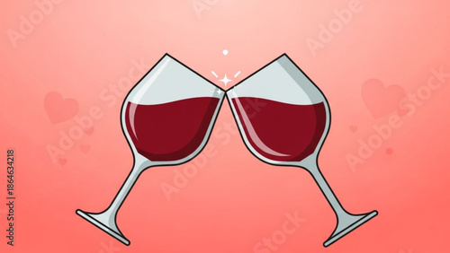 Two wine glasses clinking together with red wine on a pink background with hearts, symbolizing love and celebration with clinking glasses and valentine s day