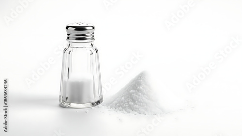 Studio shot of a traditional salt shaker and white salt pile against a bright, empty white background.
